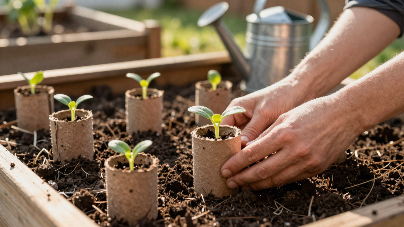 Mãos plantando mudas em vasos biodegradáveis dentro de uma horta com regador ao fundo.