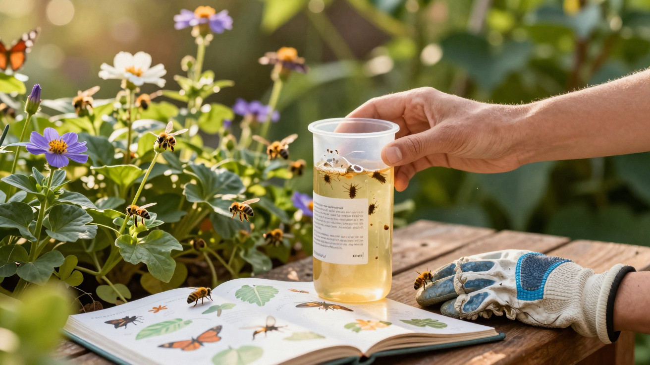 Mãos seguram copo com abelhas e livro aberto ilustrado de plantas e insetos sobre mesa na natureza.