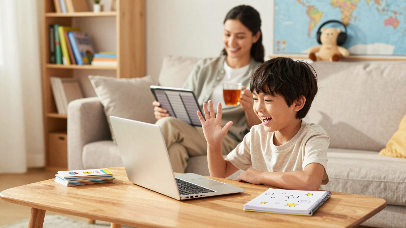 Criança acenando para laptop em sala com mulher lendo livro e segurando xícara ao fundo.