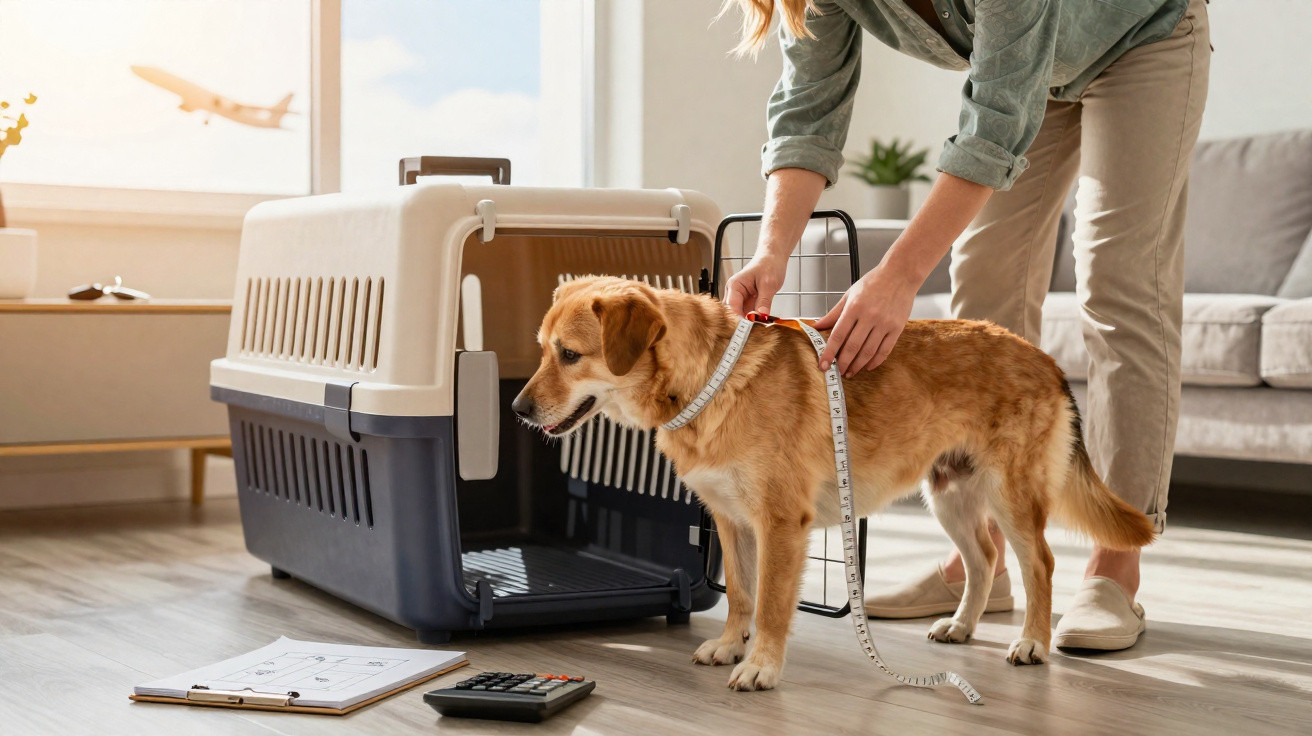 Pessoa medindo um cachorro com fita métrica perto de caixa de transporte em sala iluminada.