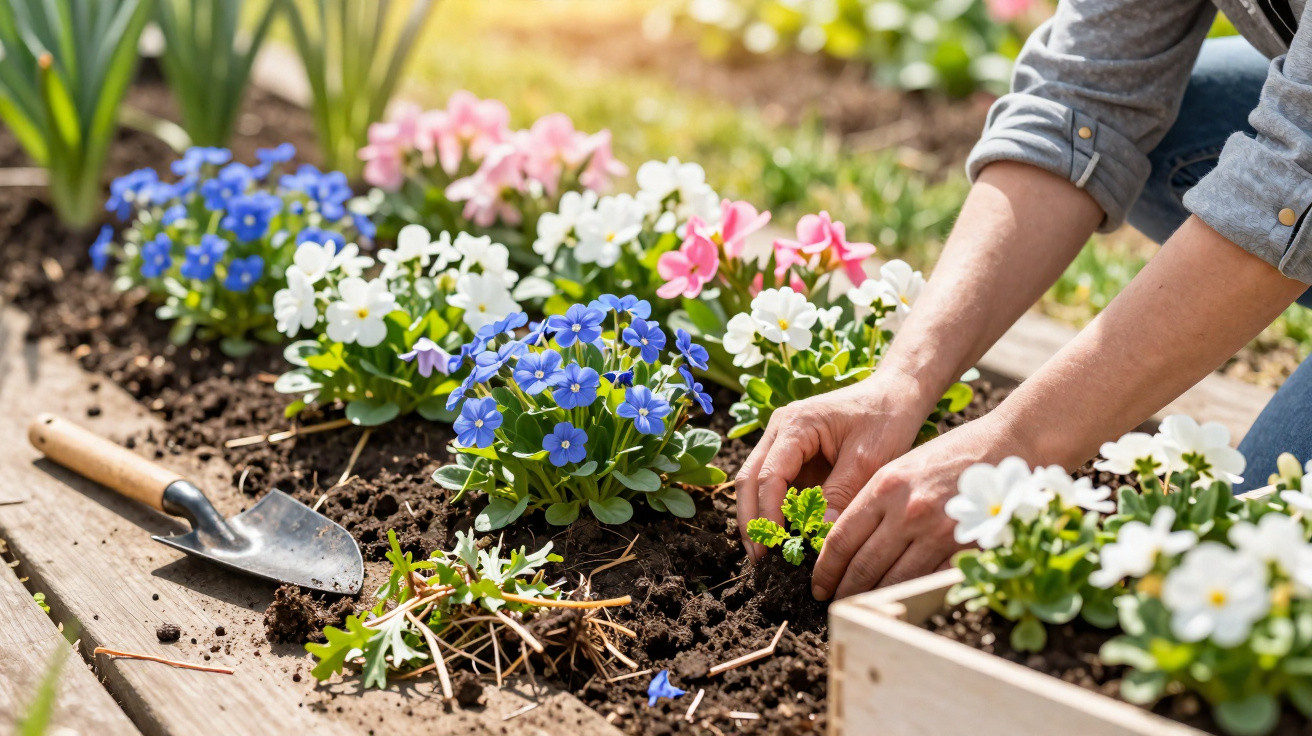 Pessoa plantando flores coloridas em canteiro de jardim com ferramentas ao lado.