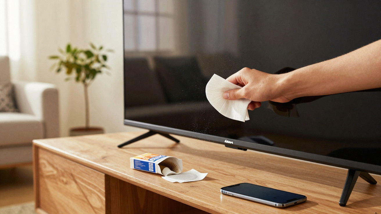 Mão limpando a tela de uma TV com lenço umedecido, sobre rack de madeira com celular e planta ao fundo.