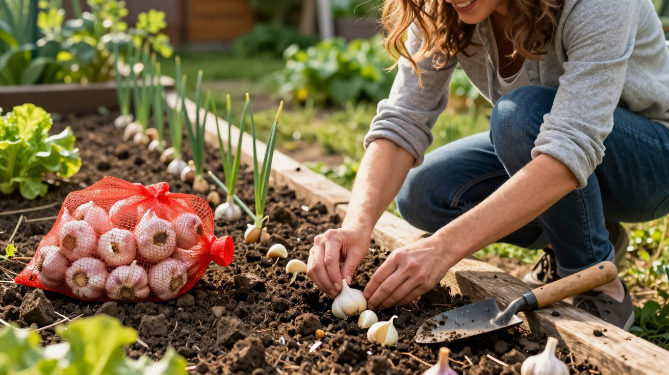 Mulher plantando dentes de alho em um canteiro de terra em horta caseira ao ar livre.