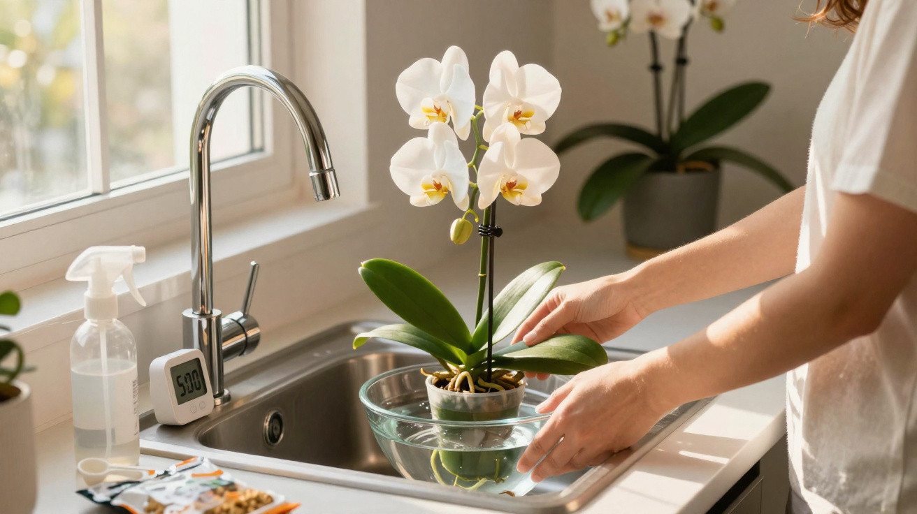 Pessoa cuidando de orquídea branca em vaso dentro da pia da cozinha iluminada pela luz natural.