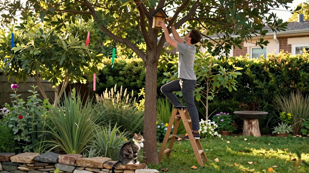Jovem em escada instalando casinha de passarinho em árvore no jardim, com gato sentado em muro de pedras.