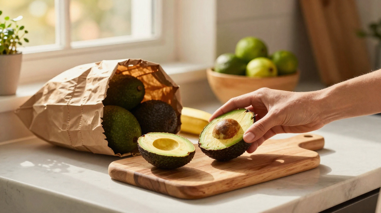 Mão segurando meio abacate sobre tábua com abacates, sacola de papel e tigela com frutas em cozinha iluminada.
