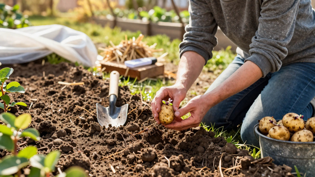 Pessoa plantando batatas em solo fértil com ferramentas e balde cheio ao redor em jardim.