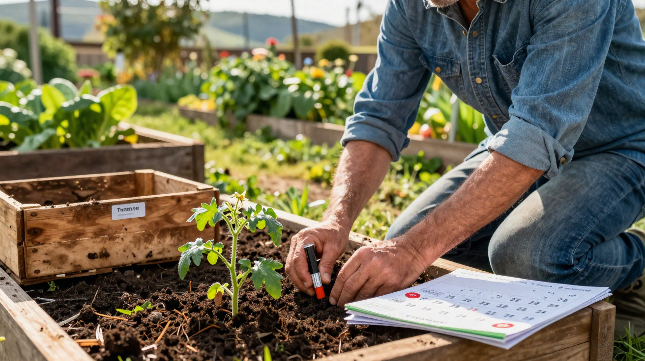 Pessoa plantando muda de tomate em canteiro com calendário ao lado em horta ao ar livre.