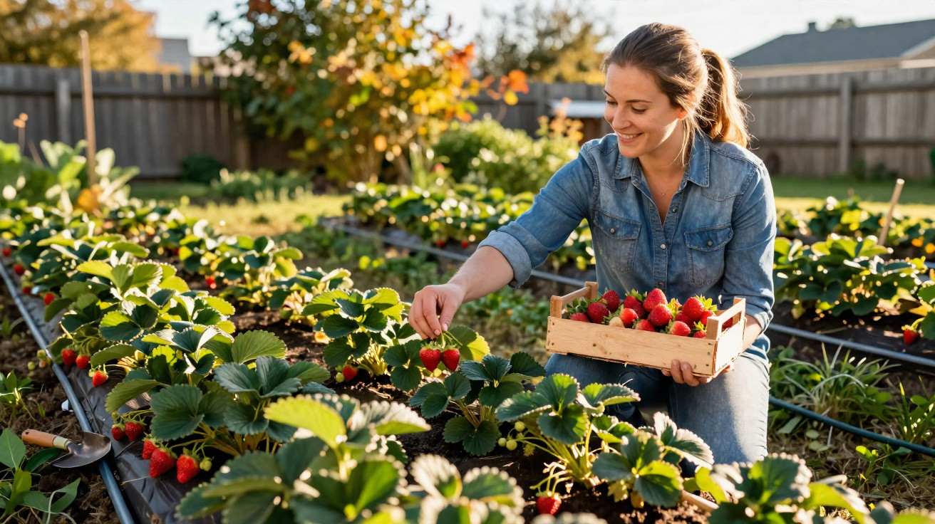 Mulher colhendo morangos em jardim ensolarado, segurando caixa com frutas vermelhas maduras.