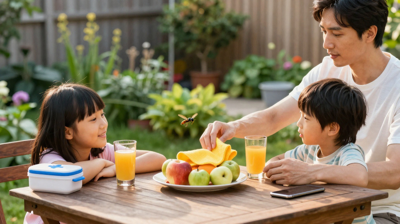 Pai e dois filhos sentados à mesa de madeira no jardim, com frutas e suco de laranja, enquanto enxugam a fruta.