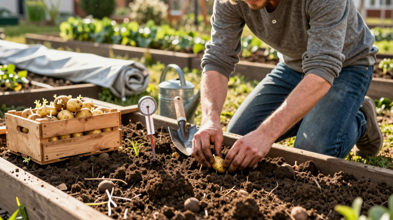 Pessoa plantando batatas em canteiro de terra com caixa de batatas, regador e pá ao redor.