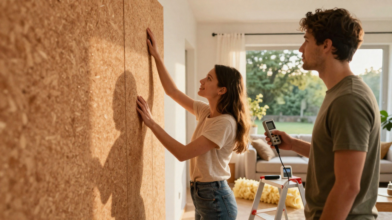 Casal instalando painel de madeira em parede de sala iluminada durante obra em casa.