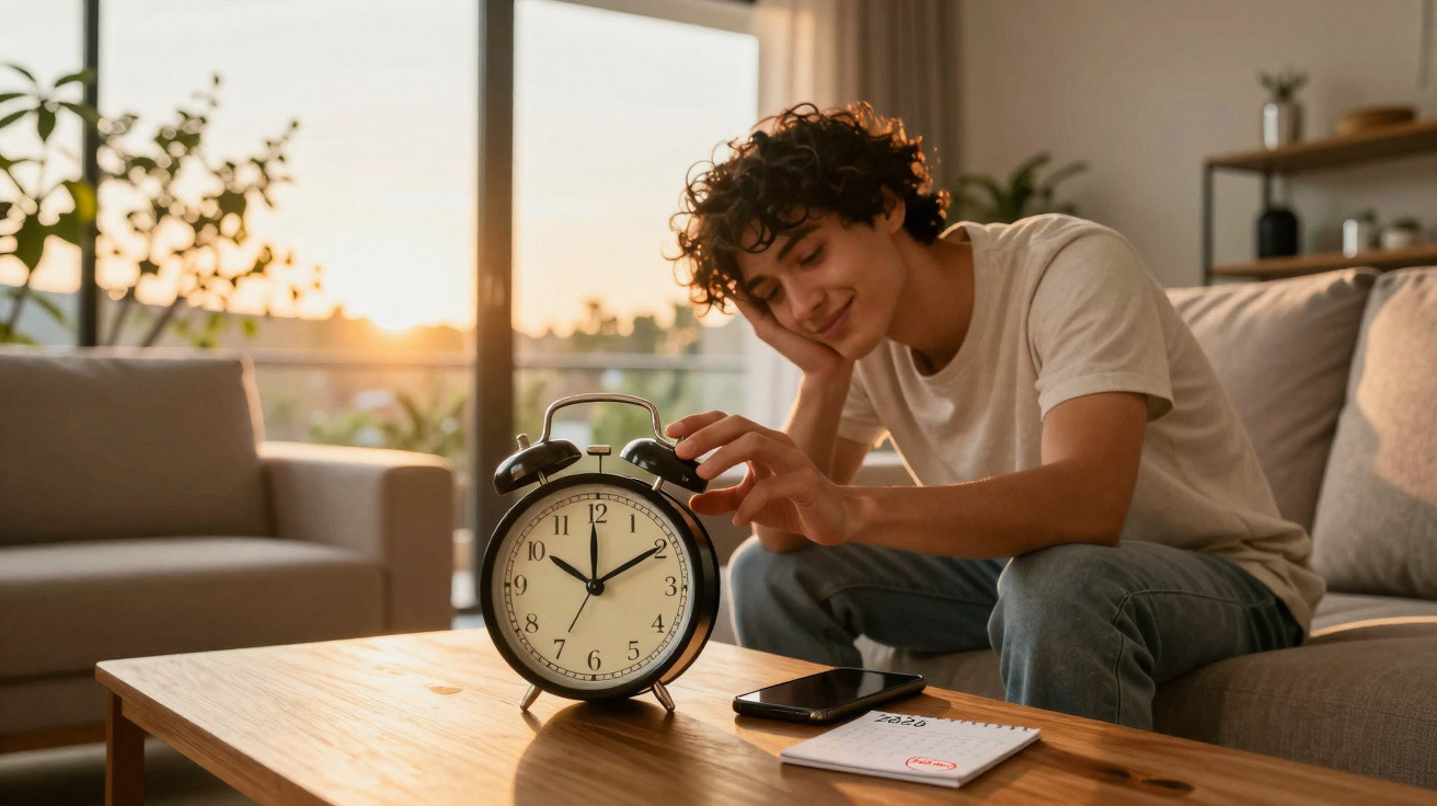 Jovem sentado no sofá ajusta relógio despertador em sala iluminada pelo nascer do sol.