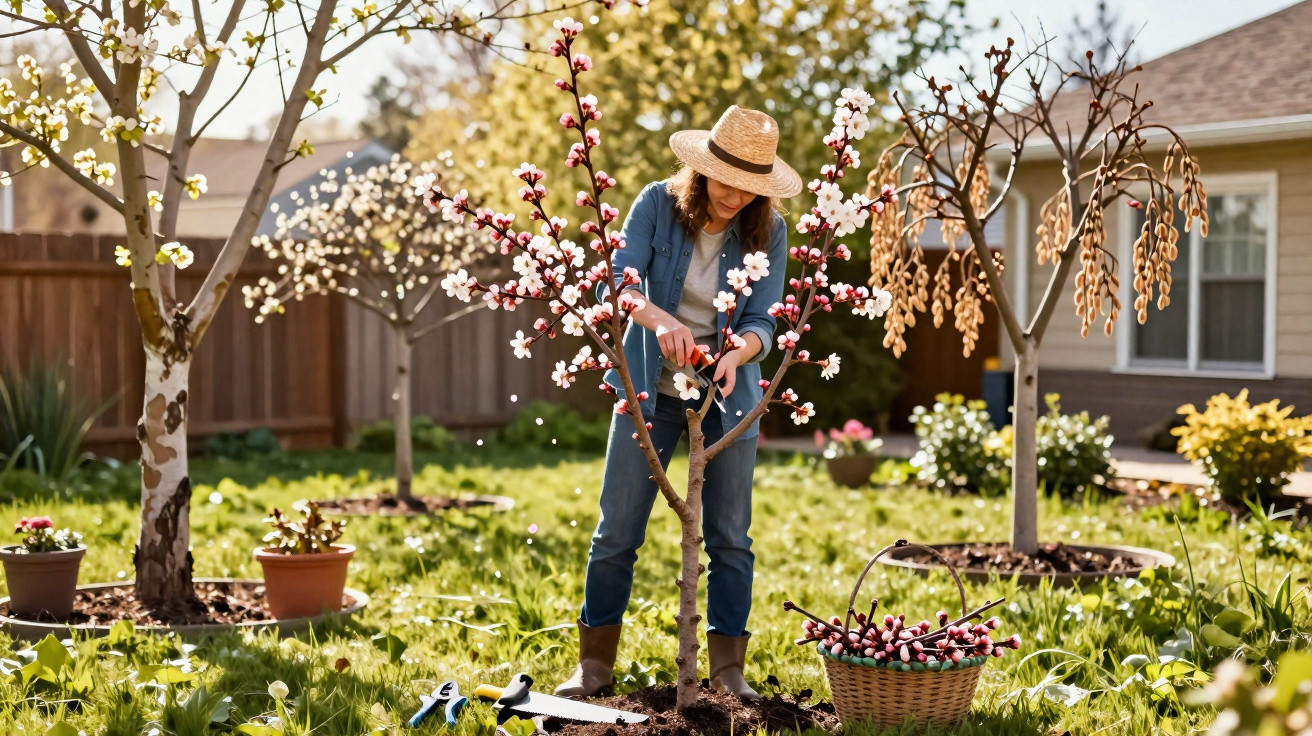 Mulher com chapéu podando árvore florida em jardim ensolarado com plantas e casa ao fundo.
