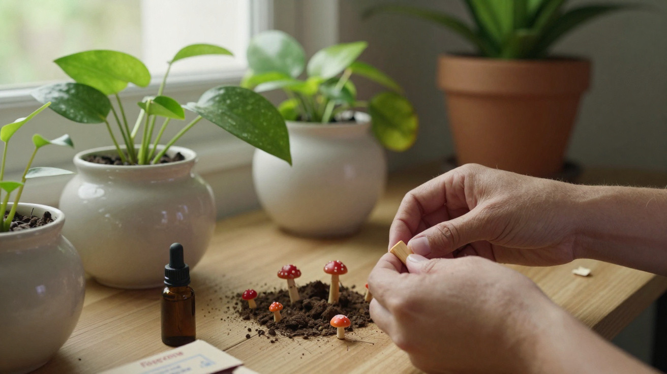 Mãos montando mini cogumelos decorativos de coleção entre vasos com plantas em mesa de madeira.