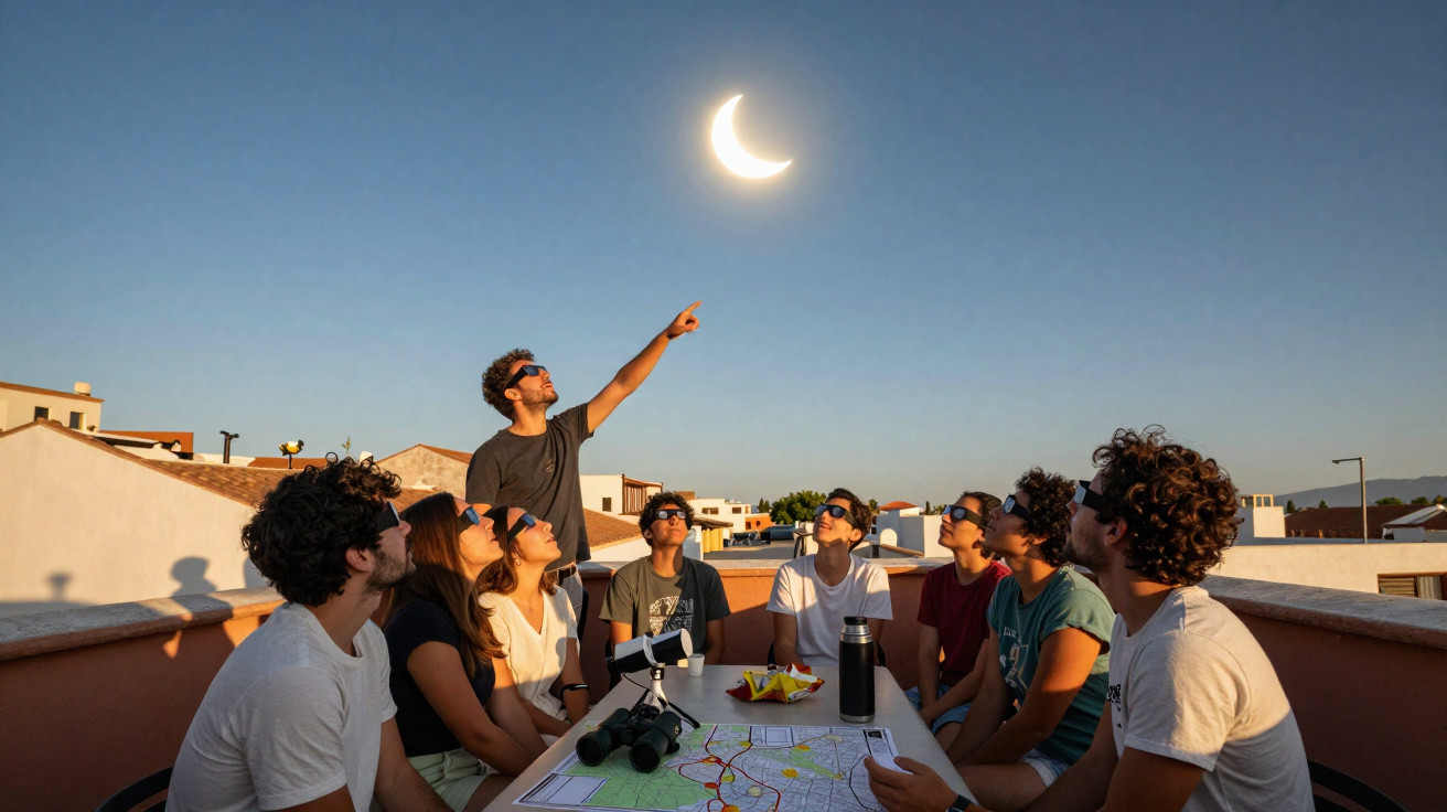 Grupo de pessoas usando óculos especiais observando eclipse solar no terraço durante o dia.