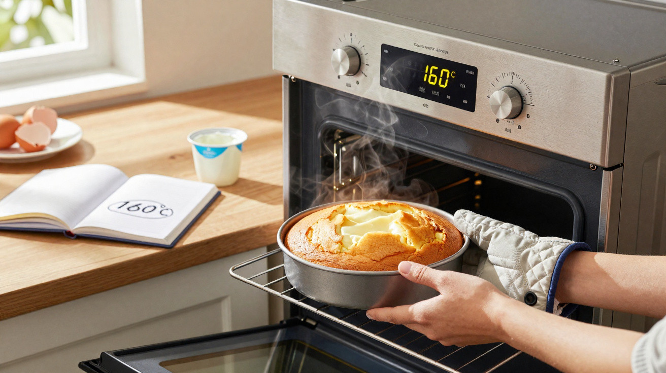Pessoa retirando bolo quente recém-assado de forno elétrico ajustado a 160°C em cozinha iluminada.