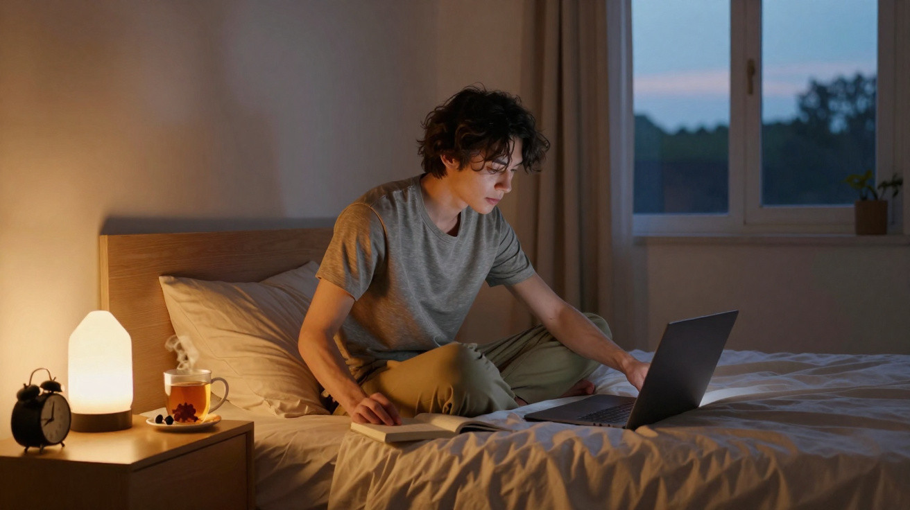 Jovem sentado na cama à noite usando notebook, com livro aberto e luminária acesa ao lado.