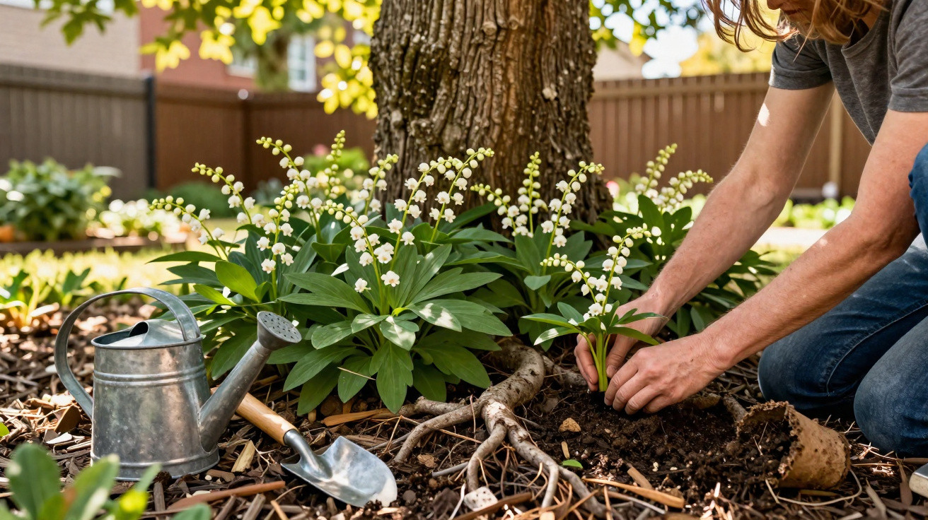 Pessoa plantando muguet ao redor de uma árvore com regador e pá no jardim ensolarado.