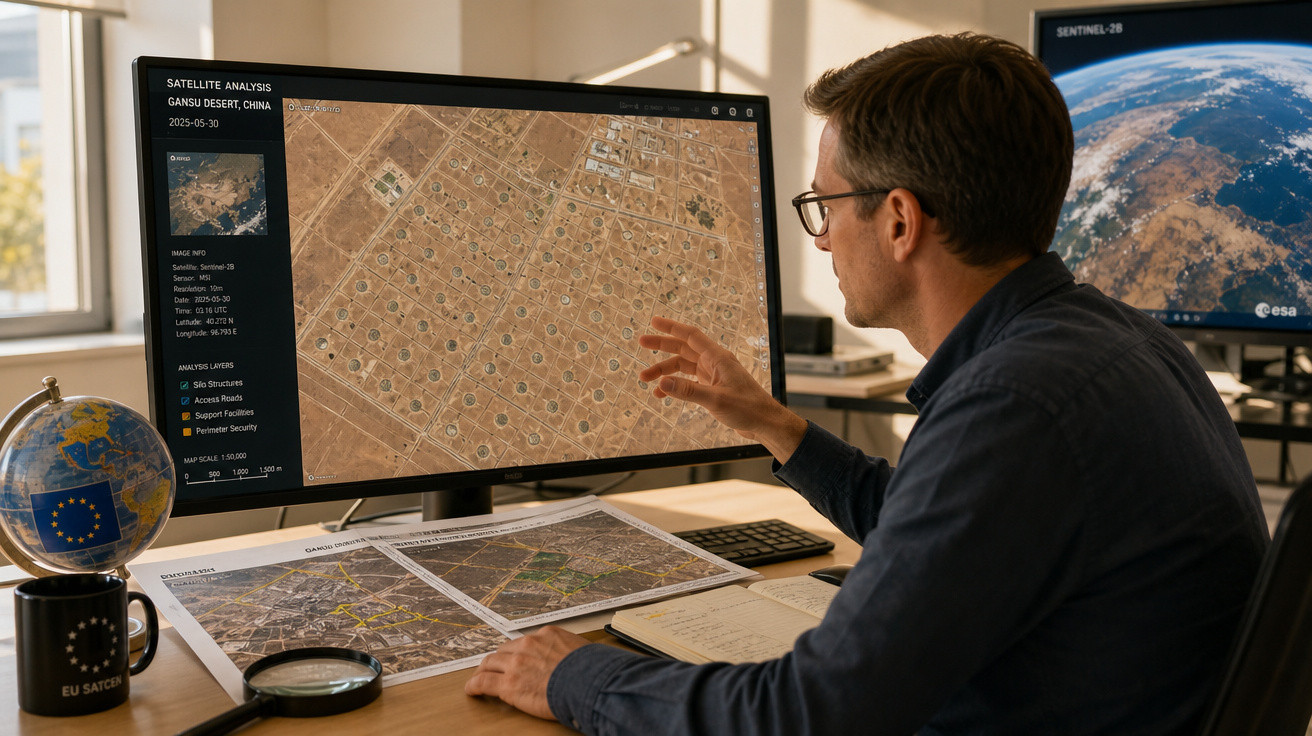 Homem analisando imagens de satélite do Deserto de Gansu em computador em escritório moderno.