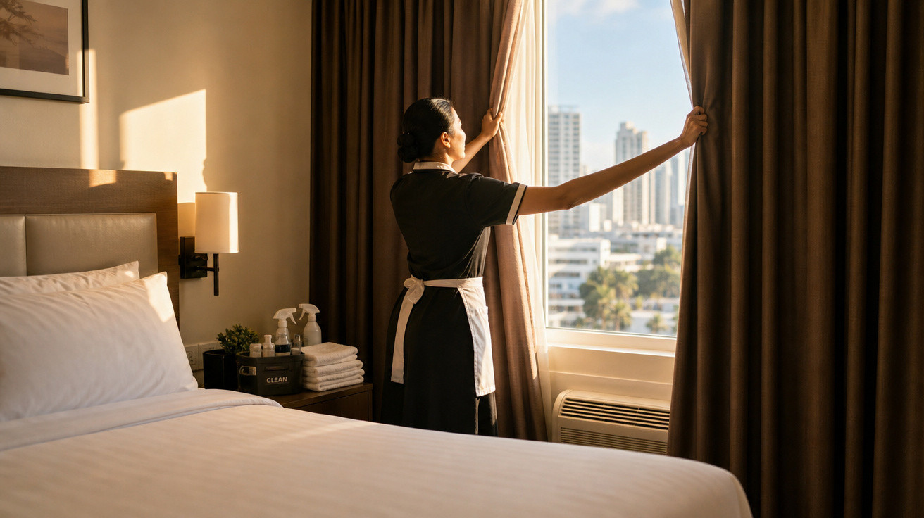 Camareira abre cortinas de quarto de hotel iluminado pela luz do dia com vista para prédios urbanoss