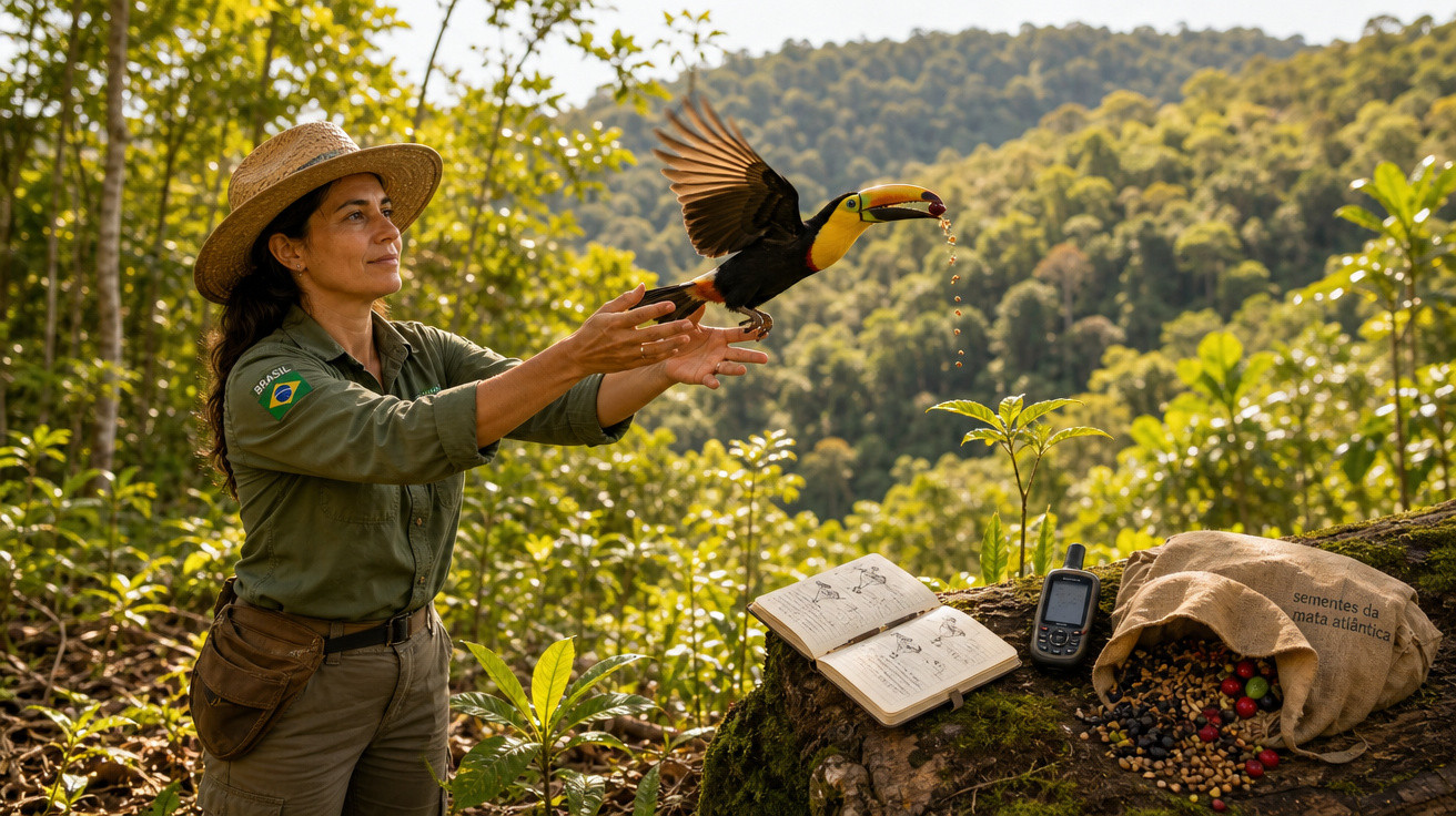 Mulher em área verde solta tucano, ao lado caderno de anotações, GPS e saco com sementes da Mata Atlântica.