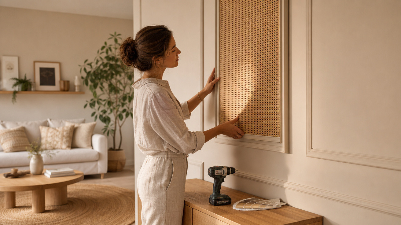 Mulher instalando painel de madeira em sala de estar com decoração neutra e ferramentas sobre móvel.