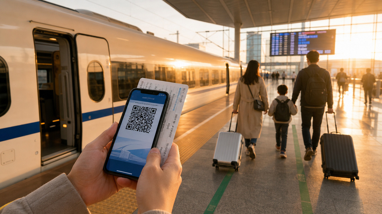 Pessoa segurando celular com código QR e bilhete enquanto família caminha com malas na estação de trem ao pôr do sol.