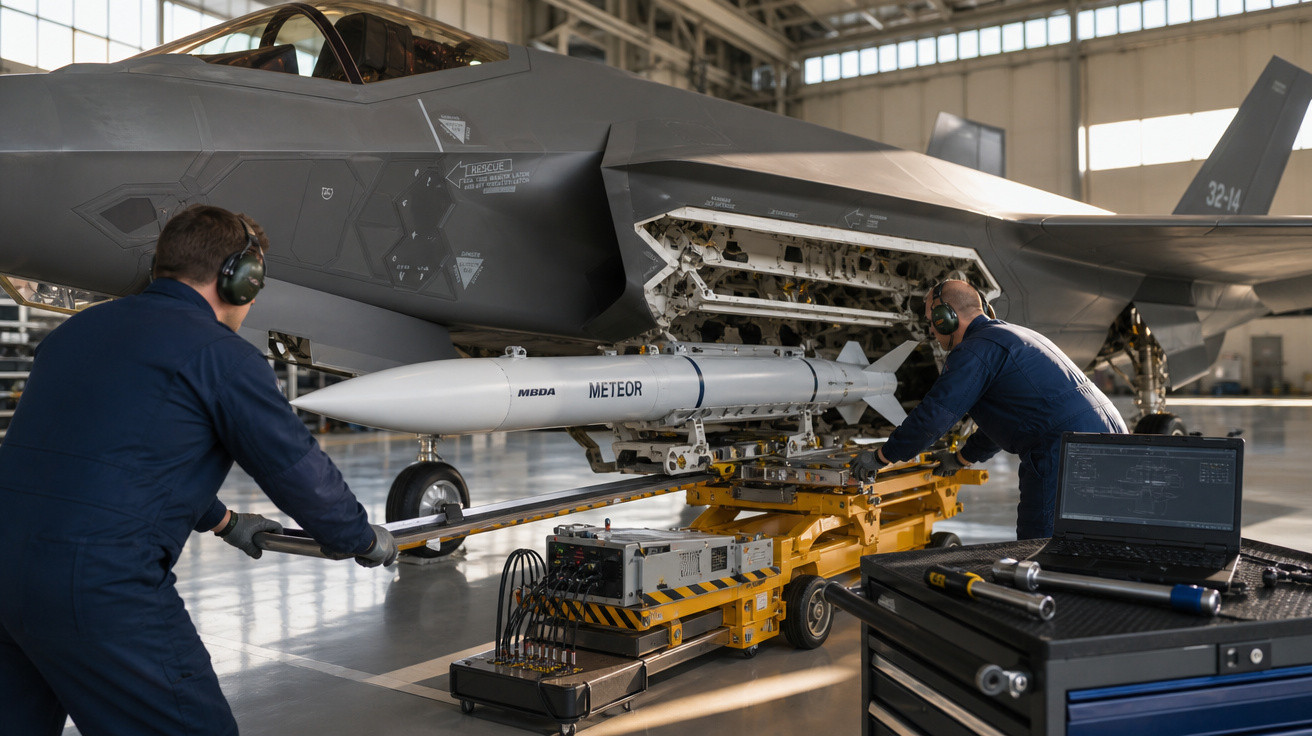Dois técnicos instalam míssil Meteor em caça militar F-35 em hangar.