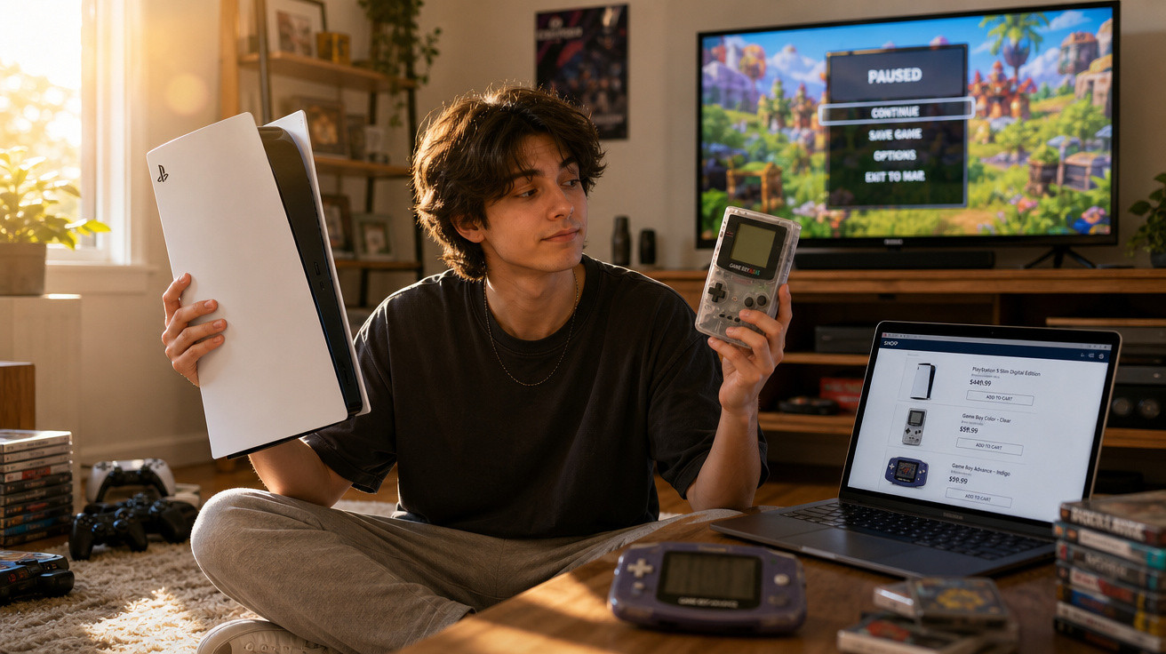 Jovem sentado no chão segurando console PlayStation 5 e Game Boy clássico, com TV e laptop ao fundo.