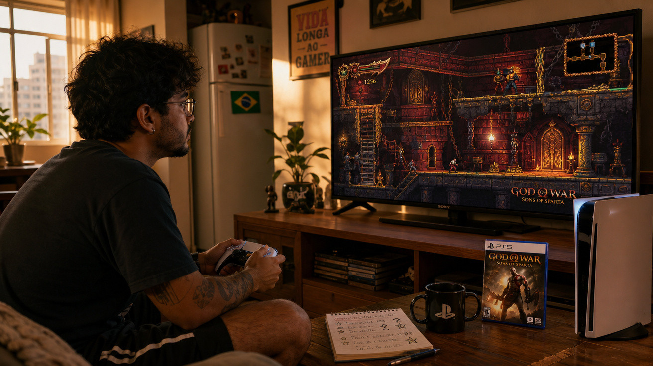 Homem jogando God of War no PlayStation 5 em sala com decoração gamer e luz natural.