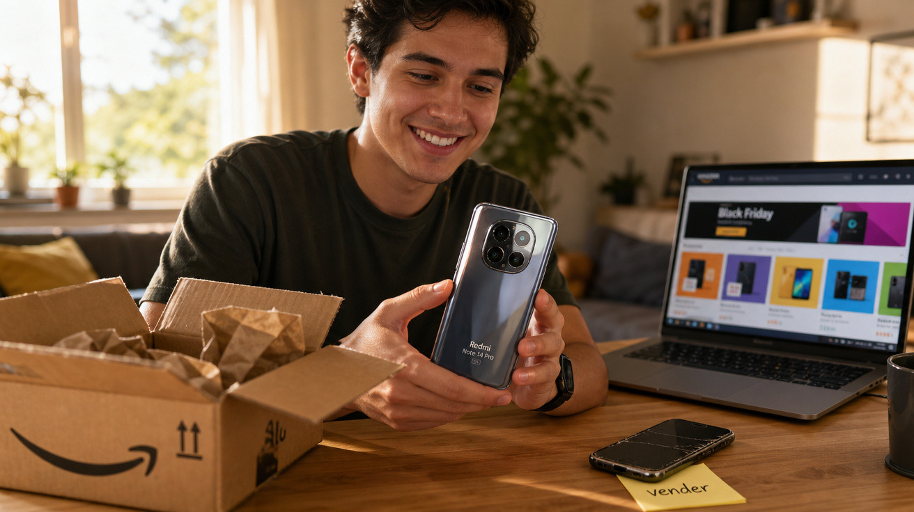 Jovem sorridente segurando um smartphone Redmi Note 11 Pro recém recebido, com caixa da Amazon e laptop ao fundo.