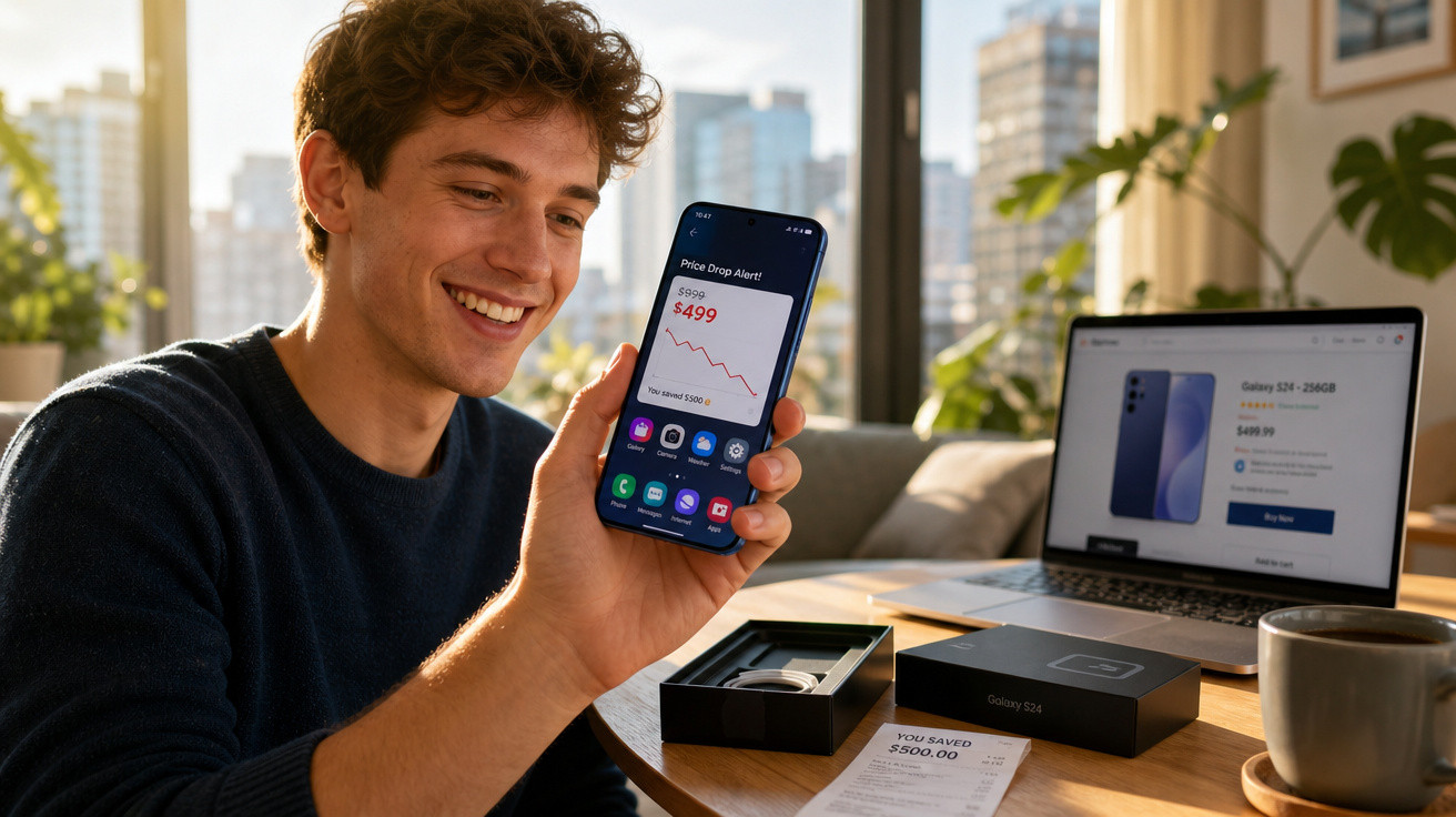 Jovem sorridente mostrando celular com alerta de queda de preço, com laptop e caixa do Galaxy S24 na mesa.