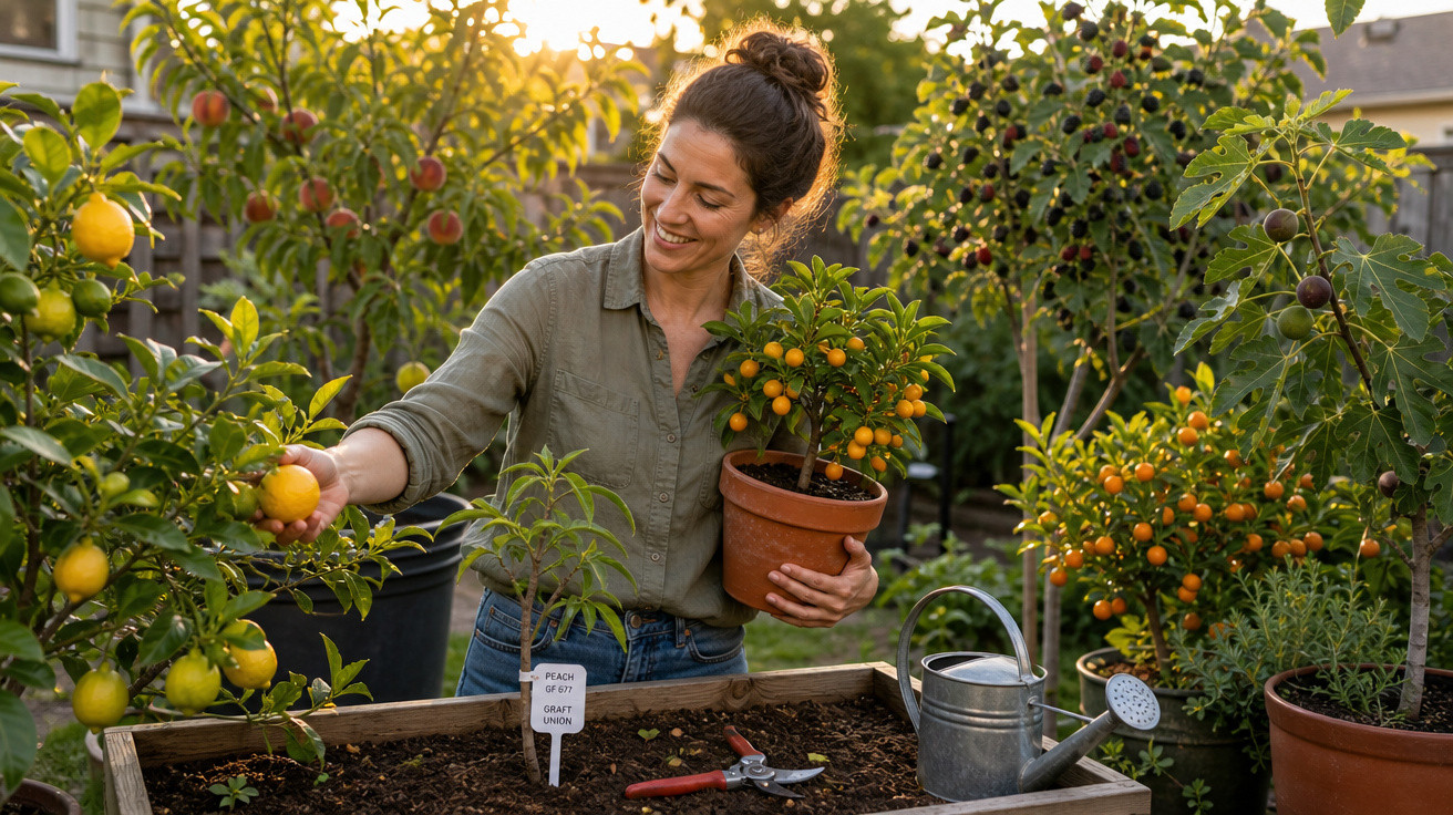 Mulher colhendo frutas em vaso no jardim com plantas frutíferas ao pôr do sol.