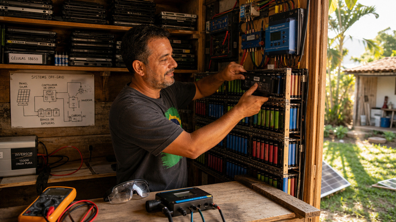 Homem ajusta painel de baterias em oficina rústica com equipamentos e sistema de energia solar.