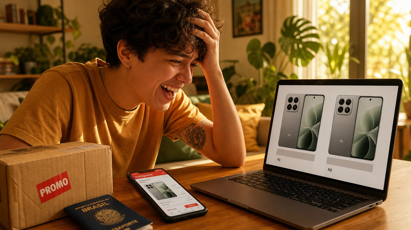Pessoa sorridente olhando promoções de celulares no notebook, com celular e passaporte em mesa de madeira.