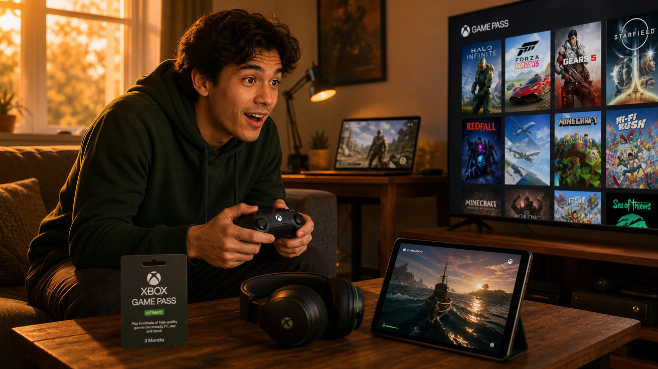 Jovem joga videogame em sala com controle Xbox, headset, cartão Xbox Game Pass e jogos na TV e tablet.