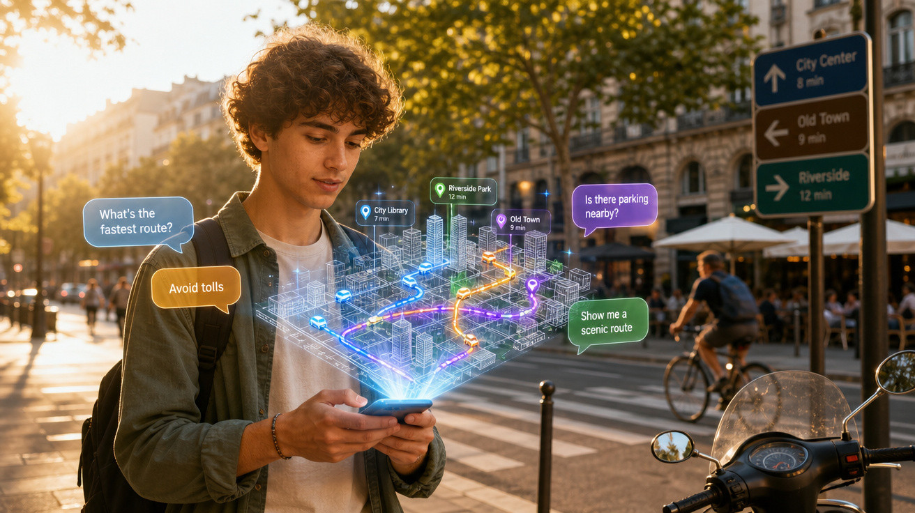 Jovem usando smartphone com mapa holográfico e rotas interativas em ambiente urbano ao entardecer.