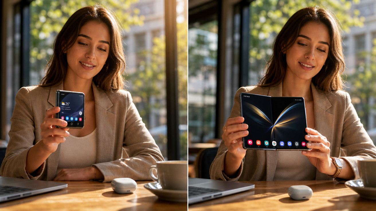 Mulher sentada em café segurando smartphone dobrável fechado e aberto, com laptop e fones na mesa.