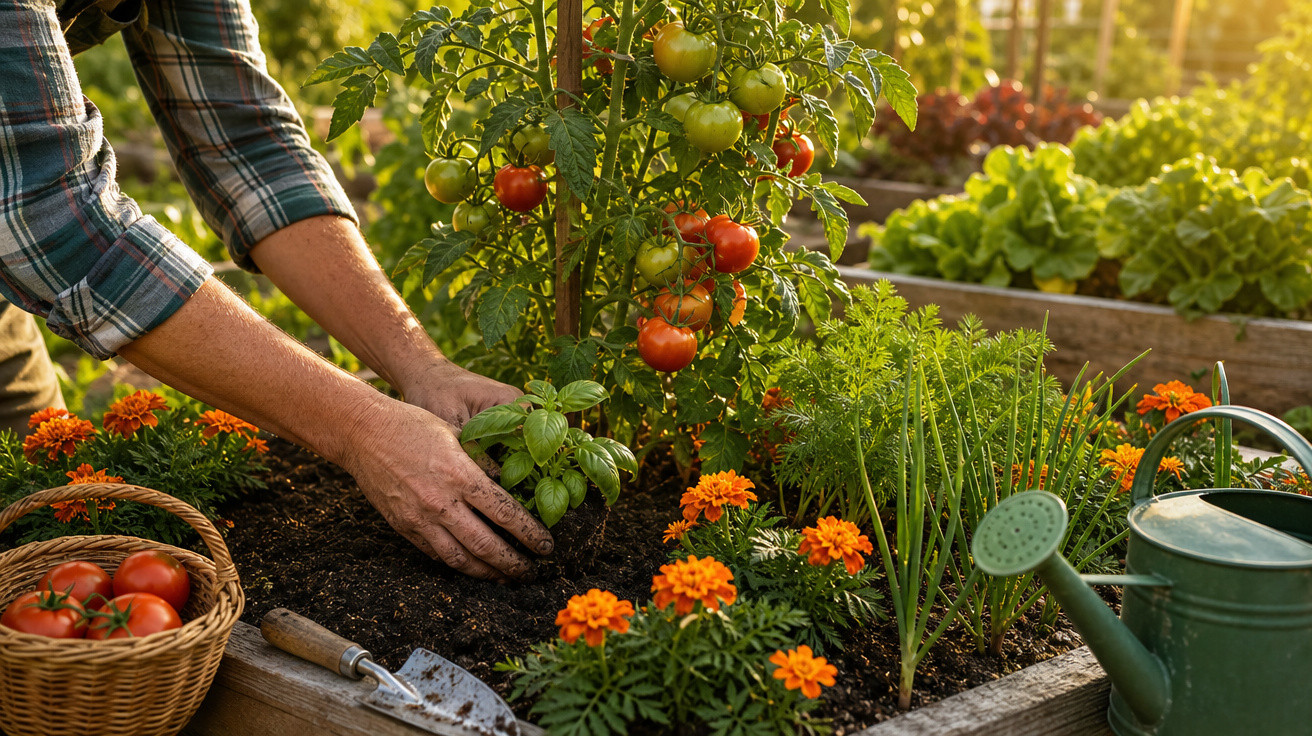 Mãos plantando hortaliças em canteiro com tomateiras, flores laranjas, regador e cesta de tomates.