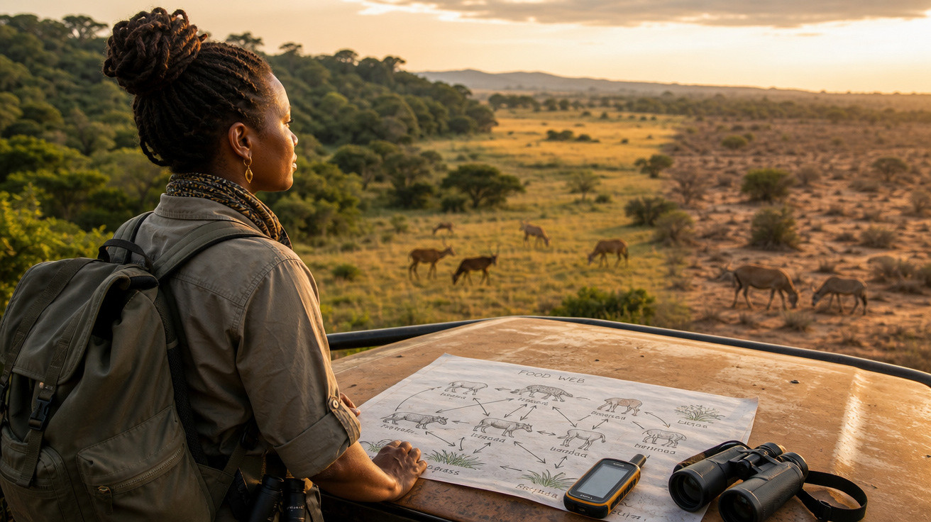 Mulher com mochila observa animais na savana durante safári ao entardecer, com mapa, binóculos e GPS sobre carro.