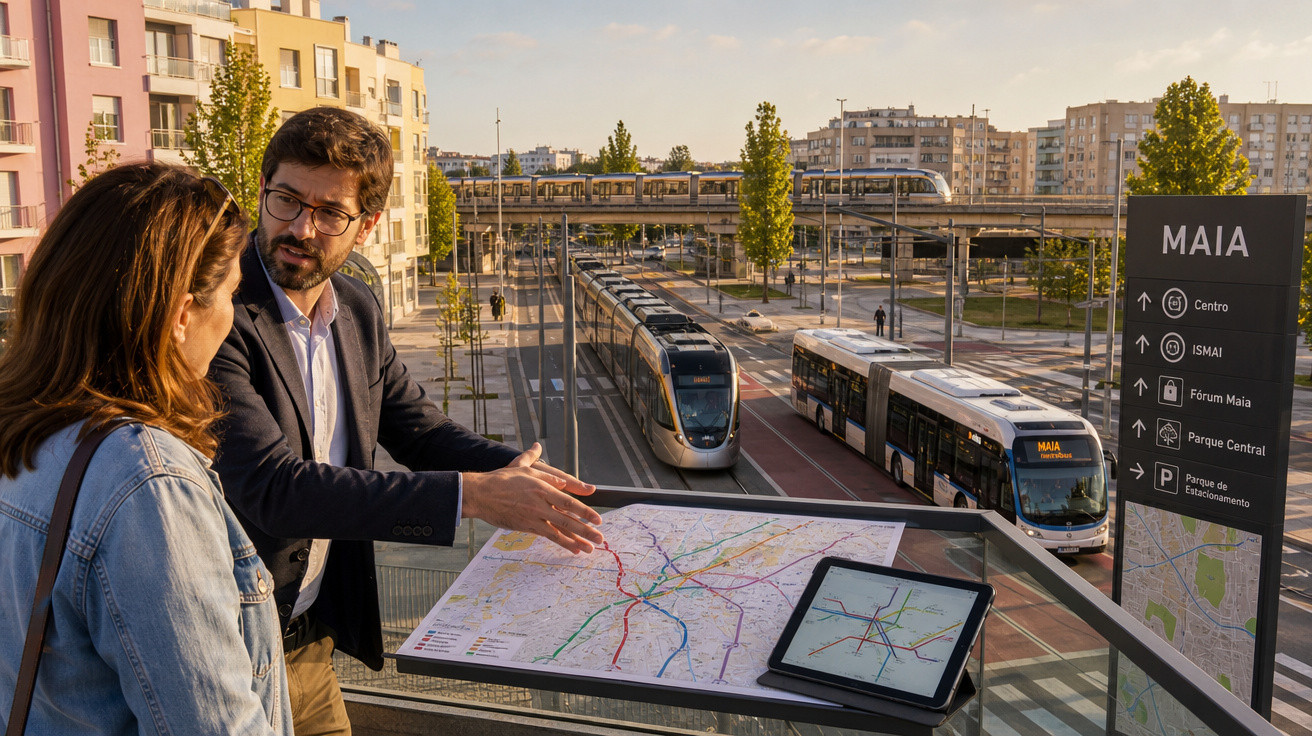 Homem mostrando mapa da cidade para mulher em área com bonde e ônibus modernos na Maia.