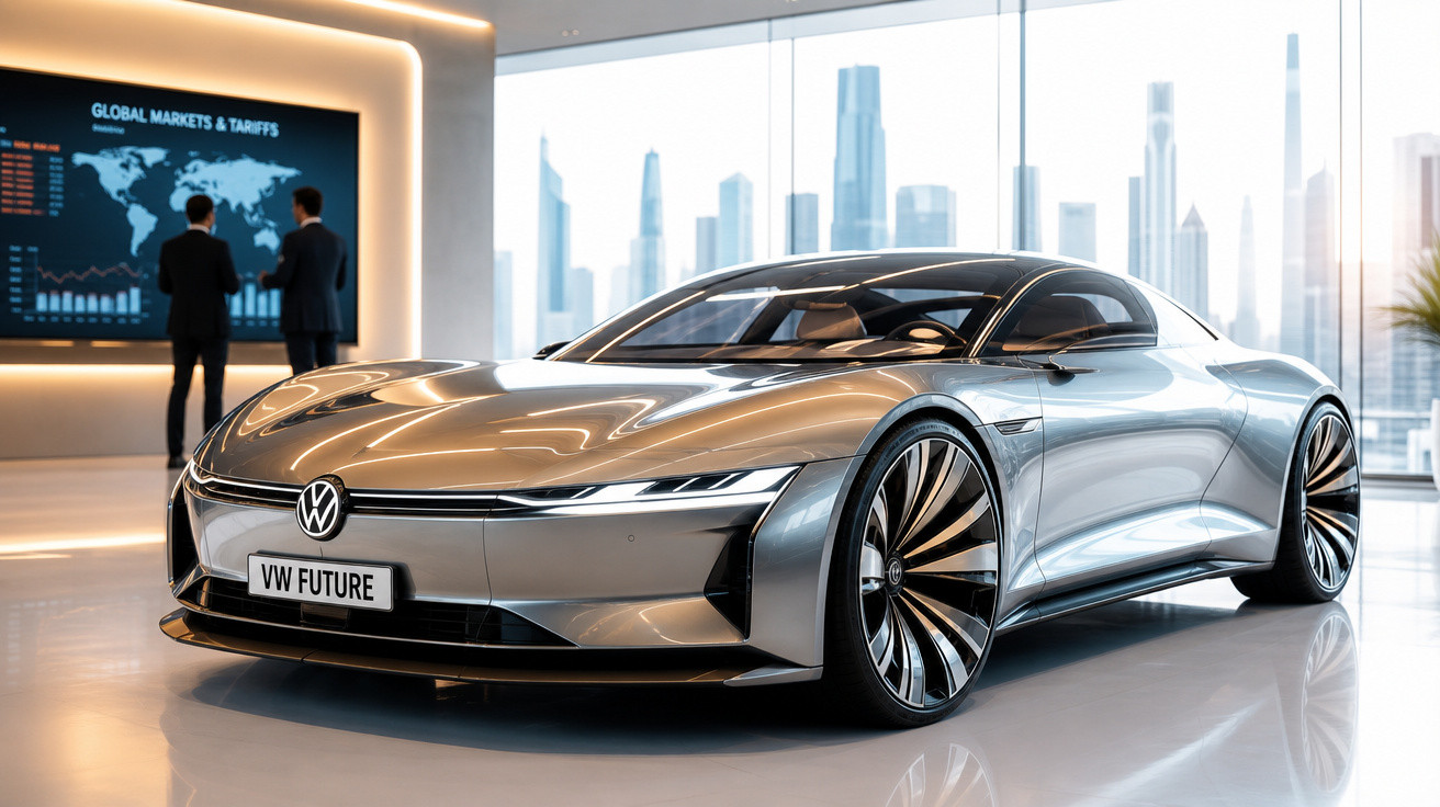 Carro conceito elétrico VW Future prata em exposição moderna com duas pessoas e cidade ao fundo.