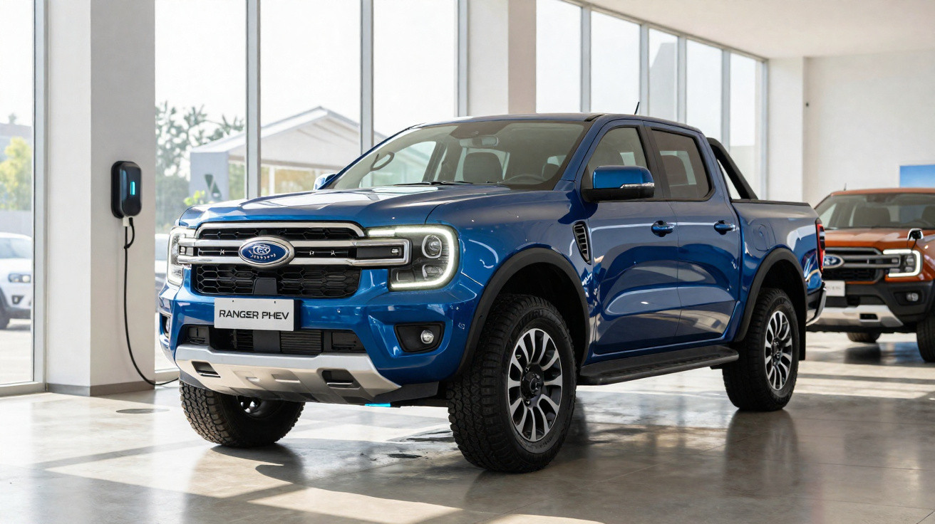 Picape azul Ford Ranger PHEV estacionada em showroom com carregador elétrico na parede.