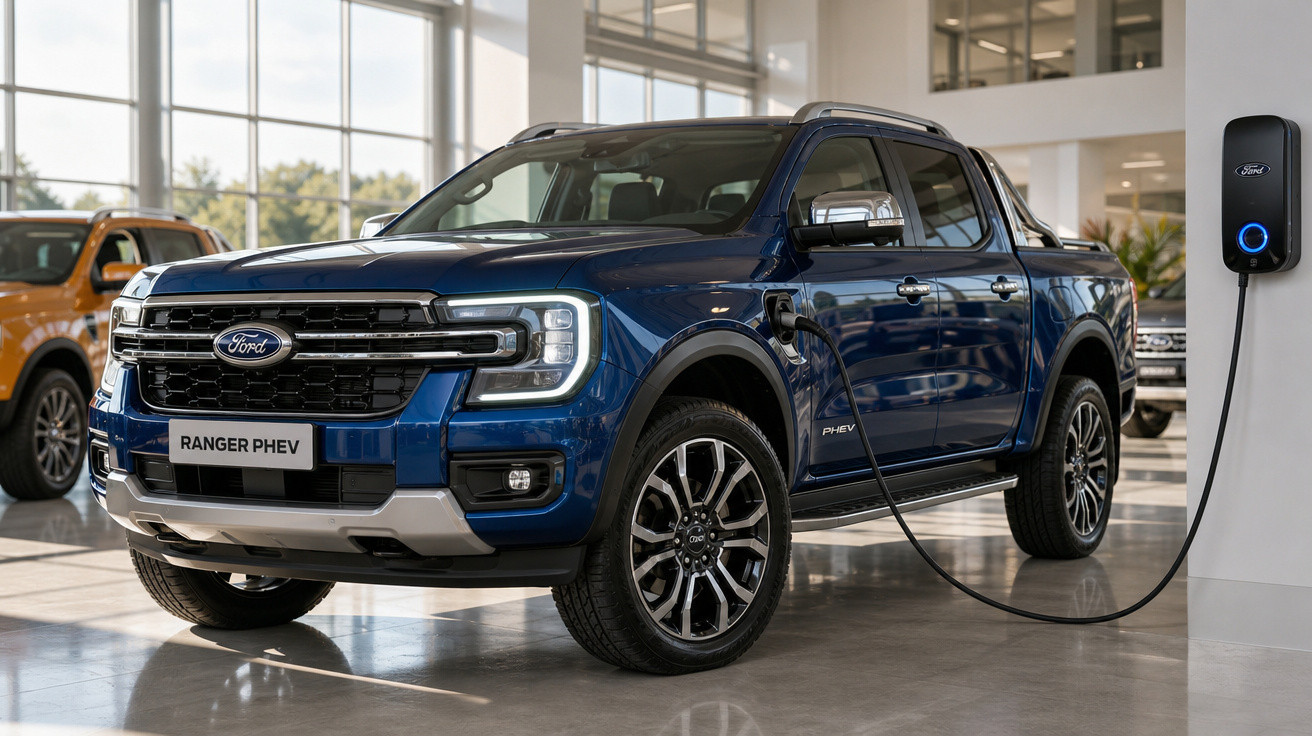 Picape Ford Ranger PHEV azul sendo carregada em um carregador elétrico dentro de showroom.