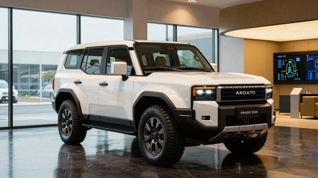 SUV branco Aroato Prado 2026 estacionado em showroom moderno com piso escuro e janelas amplas.