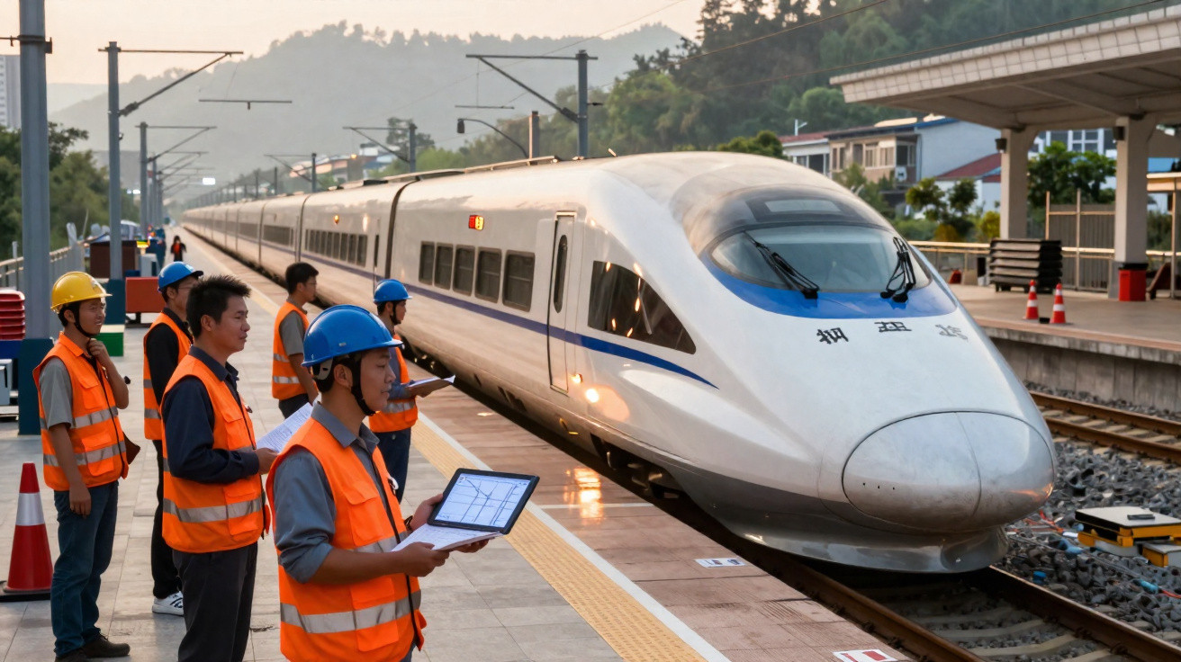 Equipe de trabalhadores com coletes laranja e capacetes próximos a trem-bala branco em estação ferroviária.