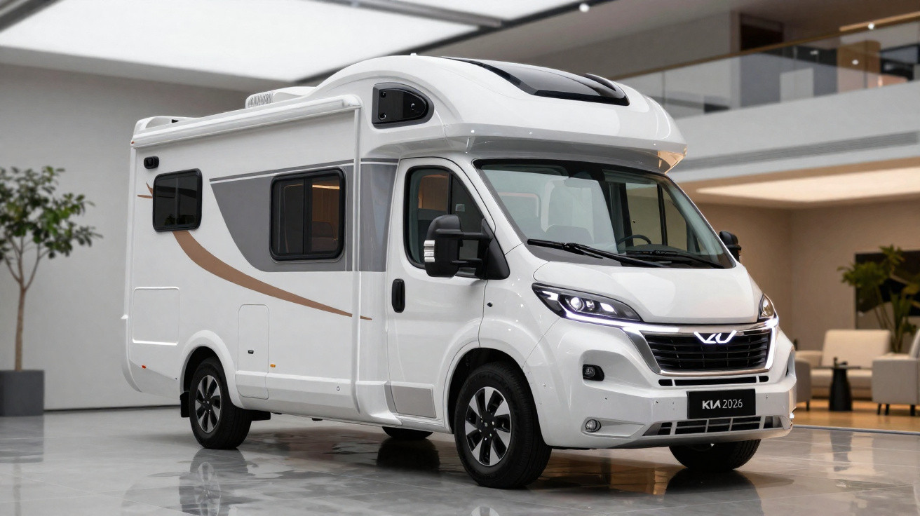 Motorhome branco moderno estacionado em ambiente interno com decoração minimalista e plantas.