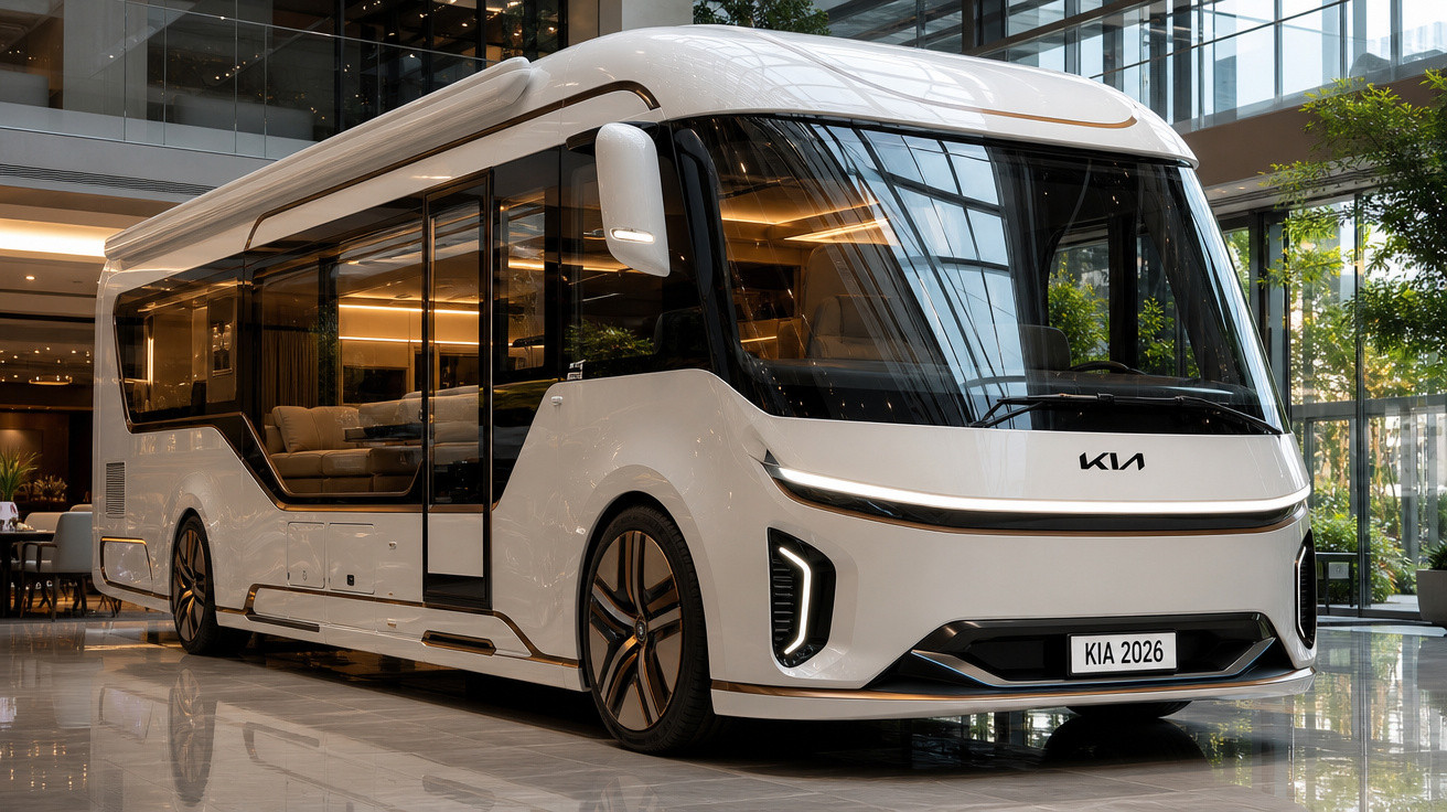 Ônibus elétrico branco moderno da Kia exibido em ambiente interno com grandes janelas e iluminação elegante.