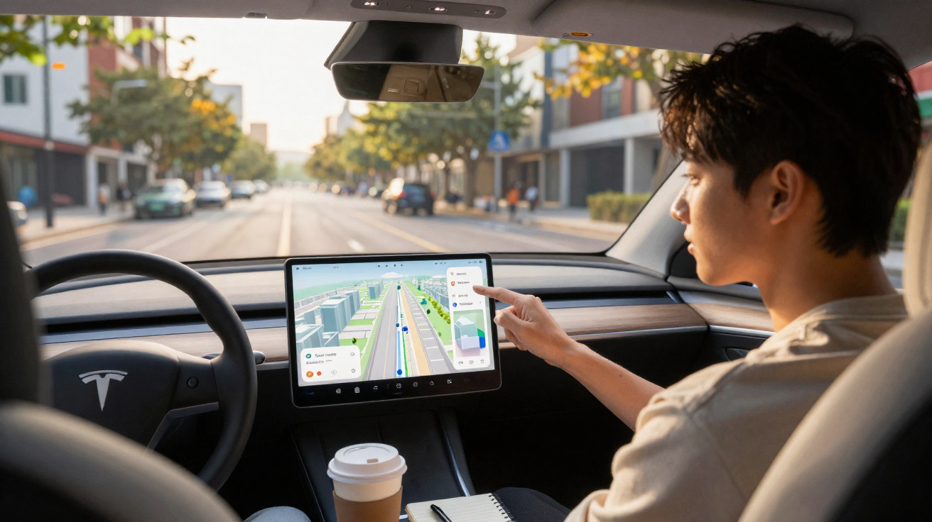 Pessoa jovem utilizando sistema de navegação touchscreen dentro de carro Tesla parado em avenida urbana.